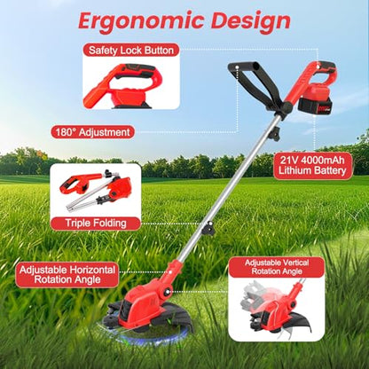 21V Weed Wacker Cordless String Trimmer with 2x4.0Ah Batteries & Charger - color: Scarlet