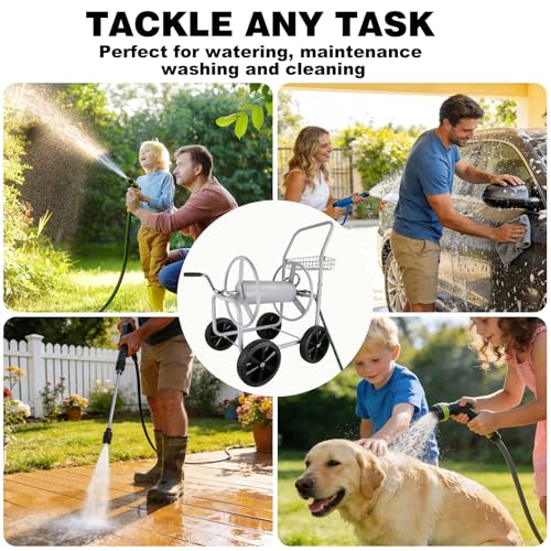 Hose Reel Cart, 250 FT of 5/8’’ Hose, Heavy-Duty Water Hose Cart with 4 Wheels, Storage Basket, Portable Water Hose Organizer for Outside Yard, Outdoor Planting Tool (Sliver) - size: 250FT
