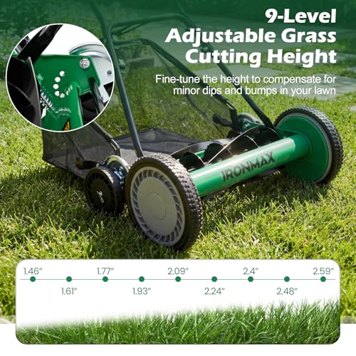 IRONMAX 18 Inch 5-Blade Push Reel Mower, Removable Grass Catcher, Green - color: Green, size: 18 Inch