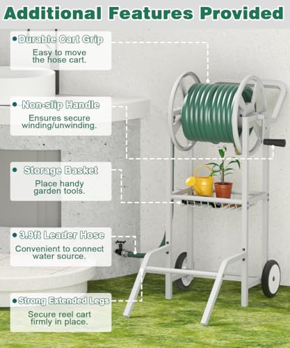 Artigarden Hose Reel Cart with 2 Wheels, Garden Water Hose Holder Heavy Duty Powder Coated Steel Outdoor Winder Storage Holds 125 ft 5/8" Hoses with Basket and 3.9ft Leader Hose for Backyard, White - color: White