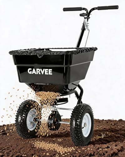 Heavy Duty Push Broadcast Spreader 100L – 12FT Spreading Width, 13" All-Terrain Wheels, Adjustable Current, for Lawn Fertilizer, Seed, Salt, Ice Melt – Black - size: 100 LBS