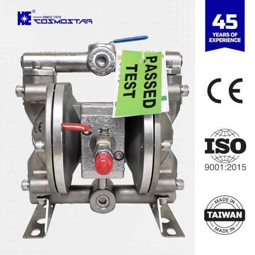 COSMOSTAR D0902 3/8" Stainless Steel Double Air Diaphragm Pump, Aluminum Body, Teflon Ball, seat and Diaphragm, Pump Muffler, Pump, Chemical Pump, Waste Oil Pump, Pneumatic Oil Pump, Diaphragm Pumps - size: D0902 3/8" Stainless Steel