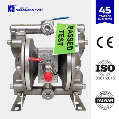 COSMOSTAR D0902 3/8" Stainless Steel Double Air Diaphragm Pump, Aluminum Body, Teflon Ball, seat and Diaphragm, Pump Muffler, Pump, Chemical Pump, Waste Oil Pump, Pneumatic Oil Pump, Diaphragm Pumps - size: D0902 3/8" Stainless Steel