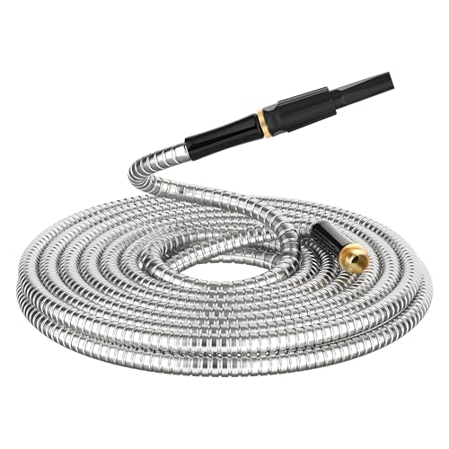 Non-Expandable Metal Garden Hose 50 Feet with Sprayer Nozzle, Flexible, No Kinking, Lightweight & Heavy Duty Water Pipe, Stainless Steel Outdoor Water Hose for Yard 50 ft, Male to Female Connector - size: 50ft