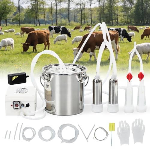 Electric Milking Machine for Cows & Goats – 12L Stainless Steel Bucket, Automatic Pulsation, 4 Teat Cups, Portable Rechargeable Milker, Adjustable Suction, Built-in 12V 8000mAh Battery, US - size: 12L