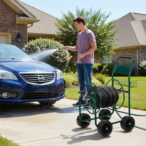 VINGLI 300FT 4-Wheel Garden Hose Reel Cart with Storage Basket, Portable Residential Hose Reel Cart, Lawn Watering, for Garden Backyard and Farm (Green) - color: Green 300ft- 4 Wheel