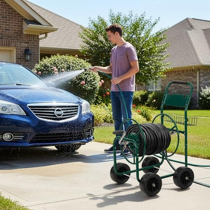 VINGLI 300FT 4-Wheel Garden Hose Reel Cart with Storage Basket, Portable Residential Hose Reel Cart, Lawn Watering, for Garden Backyard and Farm (Green) - color: Green 300ft- 4 Wheel