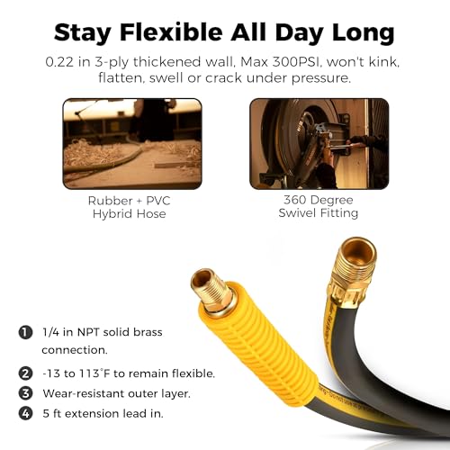 GLAHODEN Double Arm Retractable Air Hose Reel, 3/8 in × 100 ft Hybrid Hose Heavy Duty Steel Professional Air Compressor Hose Reel with 5 ft Lead in Max 300PSI Auto Rewind Quick Coupler Swivel Fitting - size: 3/8" 100FT