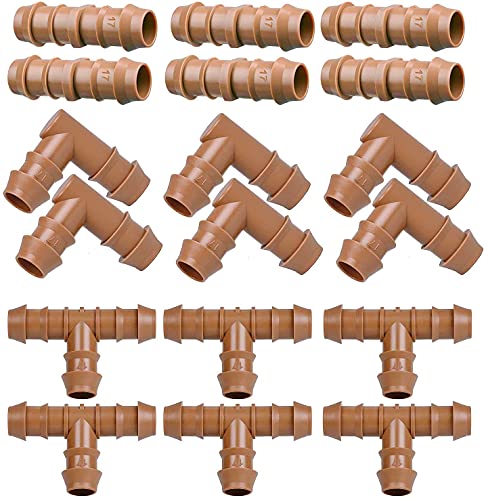 Drip Irrigation Fittings Kit for 1/2" Tubing, 18 Pieces Set Barbed Connectors - 6 Tees, 6 Couplings, 6 Elbows - Drip Line Parts (17mm .600" ID) Half Inch for Garden Sprinkler Systems - color: 18 Pieces Set
