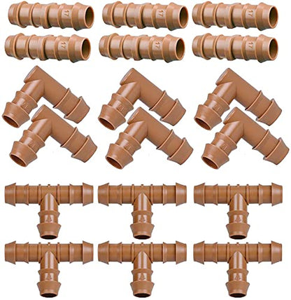 Drip Irrigation Fittings Kit for 1/2" Tubing, 18 Pieces Set Barbed Connectors - 6 Tees, 6 Couplings, 6 Elbows - Drip Line Parts (17mm .600" ID) Half Inch for Garden Sprinkler Systems - color: 18 Pieces Set