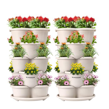 VIVOSUN 2-Pack 5 Tier Vertical Gardening Stackable Planter for Strawberries - size: 2-Pack-Ivory
