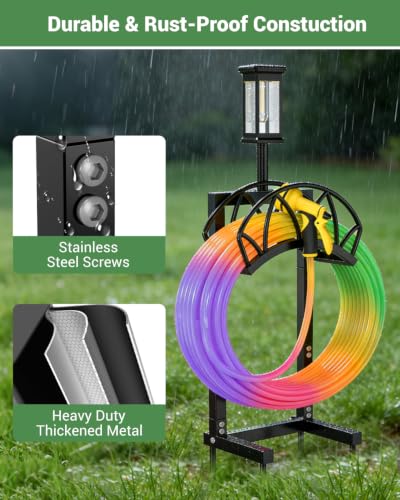 Garden Hose Holder with Solar Light, Freestanding Hose Stand for Outside - color: Carbon Black-with Solar Light