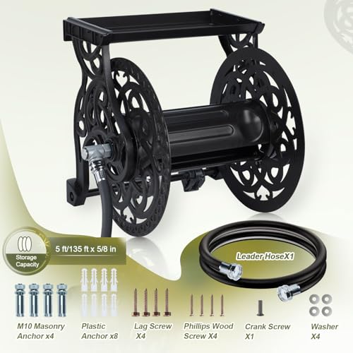 Metal Wall Mount Garden Hose Reel for Outside, Holds 125 ft x 5/8'' Hose Storage, Decorative Heavy Duty Water Hose Holder Aluminum Frame, No-Leak Aluminum Water System, Easy Assmbly, Dark Bronze