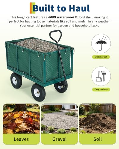 Garvee Versatile Outdoor Utility Cart-800LBS Heavy-Duty, 10" All-Terrain Pneumatic Tires, Easy Maneuverable Lawn Cart with Removable Mesh Panels for Gardening&Landscaping, Green, with Waterproof Liner - color: Green, With Waterproof Liner