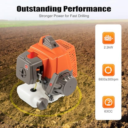 63CC 2-Stroke Hand Push Post Hole Digger with Wheel, 12" Auger Bit - color: 63CC, Orange