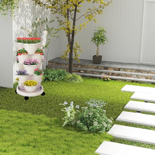 5-Tier Vertical Garden Tower Stackable Planter for Strawberries, Flowers, Vegetables & Herbs Beige - color: Beige, size: 1 Pack
