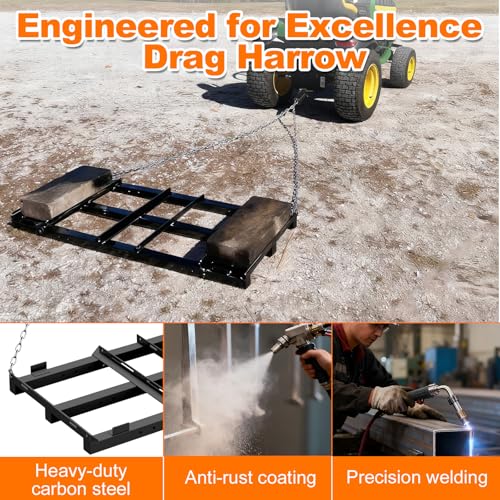 4 Ft Drag Harrow, Heavy Duty Driveway Grader, Tow Behind Lawn Rake with 5 Ft Chain, 4 Safety Belts, 2 Adjustable Bars, Driveway Drag for Gravel, Sand, Lawn, Soil, Hay, ATV, UTV, Mower, Tractor, Black - color: Black-4FT