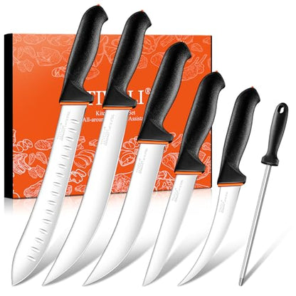 TIVOLI Butcher Knife Set 6 pcs - Game Processing Knife Set 7" Sharpener Rod - size: 10