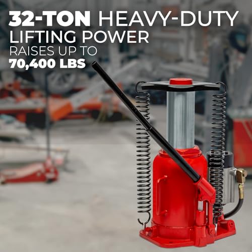 Stark USA 32-Ton Air Hydraulic Bottle Jack, 64,000 lb Capacity Low Profile Heavy Duty Manual & Air-Operated Bottle Jack with Handle for Trucks, Buses, RVs, Farm Equipment & Industrial Vehicles - size: 32 Ton Pneum Low Profile