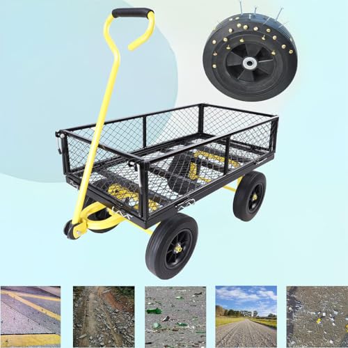 1000 lbs Heavy Duty Steel Garden Cart, 2-in-1 Convertible Utility Wagon with Removable Mesh Sides & Flatbed, 10" Solid No-Flat Tires, 180° Rotating T-Handle Yard Cart for Lawn, Farm, Warehouse,Yellow - color: Yellow