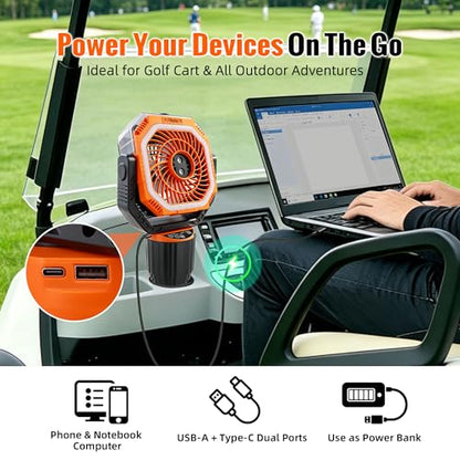 Roykaw 48Hrs Golf Cart Misting Fan, 2-in-1 Large Golf Cart Fan & Camping Fan w/ 2 Spray Modes/4 Powerful Speeds/3 Ultra-Bright LED Lights/Oscillation, with Detachable Base & Cup Holder for Golf Cart