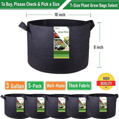5-Pack 3 Gallon Thickened Nursery Bags Plant Grow Bags (10x8 in) Fabric Plant Pots Garden Bag for Flower Pot,Herbs Veggies Planter Bag,Garden Pots,Barrel Planters,Plant Container with Gardening Gloves - size: 3 Gallon (10x8 inches)