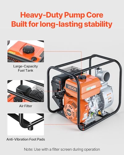 VEVOR Gas Powered Water Pump, 4 in, 422 GPM 8.3HP Semi Trash Water Transfer Pump Portable, Gasoline Engine with 25 ft Discharge Hose, Heavy Duty Frame, Cast Iron Impeller, for Irrigation, Ponds, Pools - size: 4in 8.3 HP 422GPM