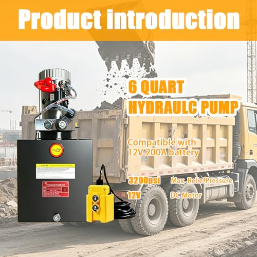 ParnicoTech 6 Quart Hydraulic Power Unit, 12V DC Single Acting Hydraulic Pump, 3200 PSI Max Relief Pressure, Power Unit Metal Reservoir for Dump Trailer Car Lifting, SAE # 6 Port, Steel - color: Single-6qt