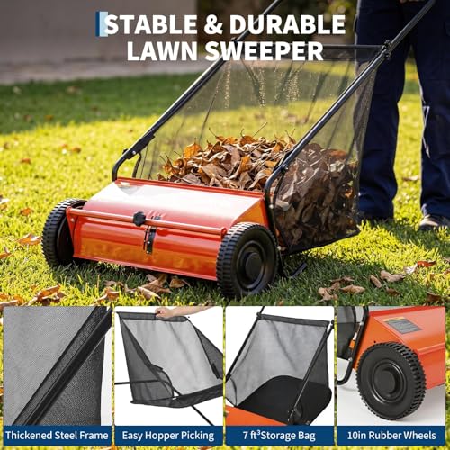 Garvee 26 Inch Push Lawn Sweeper, 7 Cu. ft Grass Cutter Yard Sweeper - color: Orange, size: 26 Inch