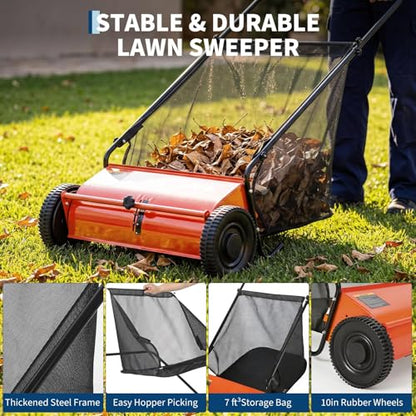 Garvee 26 Inch Push Lawn Sweeper, 7 Cu. ft Grass Cutter Yard Sweeper - color: Orange, size: 26 Inch