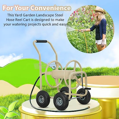 FDW Garden Hose Reel Cart, Water Hose Cart with 4 Wheels, Hold Up to 300 ft of 5/8’’ Hose，Heavy Duty Powder-Coated Steel Planting with Storage Basket, for Garden, Yard and Lawn - color: Tan