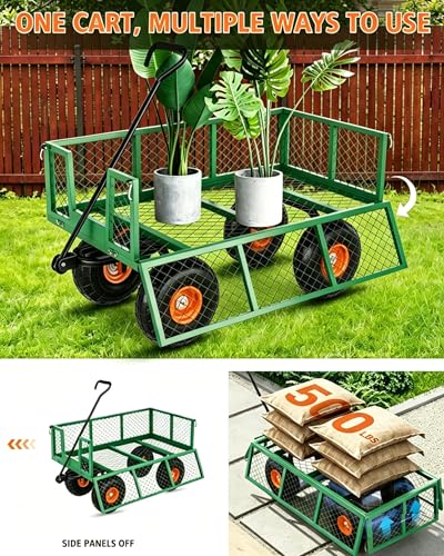 500 LBS Heavy Duty Steel Garden Cart, 3-in-1 Yard Wagon, 10" Air Tires - color: Green + Orange, size: 500LBS