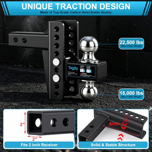 2" Adjustable Trailer Hitch - 22500 LBS, 2" & 2-5/16" Ball, Tow Drop Hitch