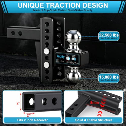 2" Adjustable Trailer Hitch - 22500 LBS, 2" & 2-5/16" Ball, Tow Drop Hitch