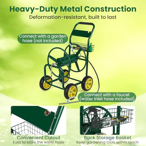 Moccha Hose Reel Cart, Hold Up to 300 FT of 5/8", Heavy-Duty Garden Water Hose Carts with 4 Wheels & Storage Basket for Outside Yard, Outdoor Mobile Planting Tool (Green) - color: Green