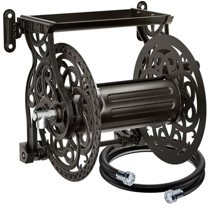 Metal Wall Mount Garden Hose Reel for Outside, Holds 125 ft x 5/8'' Hose Storage, Decorative Heavy Duty Water Hose Holder Aluminum Frame, No-Leak Aluminum Water System, Easy Assmbly, Dark Bronze