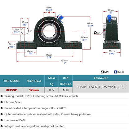 XIKE 2 Pcs UCP201 Bore 12 mm Pillow Block Mounted Ball Bearings. - size: UCP201 Bore 1/2"
