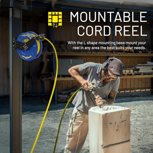 GOODYEAR Air Hose Reel Retractable 3/8" Inch x 50' Feet Long Premium Commercial SBR Hose Max 300 Psi Reinforced Steel Construction Heavy Duty Spring Driven Industrial Dual Arm & Pedestal