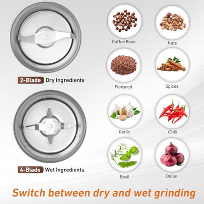 Secura Electric Coffee Grinder and Spice Grinder with 2 Stainless Steel Blades Removable Bowl | 2 Stainless Steel Blades Removable Bowls, For Spice, Coffee Bean, Dry and Wet Ingredients Grinding - color: Stainless, size: 2 removable bowl