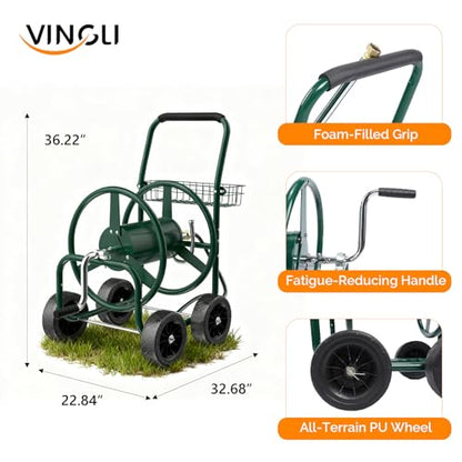 VINGLI 4-Wheel Garden Hose Reel Cart with Storage Basket, Portable Residential Hose Reel Cart, Lawn Watering, for Garden Backyard and Farm (Green 250FT) - color: Green 250ft- 4 Wheel