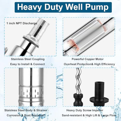 Deep Well Submersible Pump, 220V 1hp Deep Well Pump Submersible Water Pump for Industrial Irrigation and Home,328FT Lift, 12GPM, Screw Water Pump - size: 4"-220V