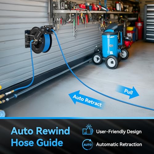 Relhost Retractable Air Hose Reel, 65 ft x 3/8 in Hybrid Air Hose Max 300PSI, Heavy Duty Air Compressor Hose Reel with Dual Arms, Auto Rewind, 180° Swivel Ceiling/Wall Mount for Garages, Workshops - size: 65FT 180° Swivel