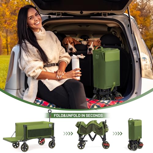 Timber Ridge 49" Extra Long Collapsible Folding Wagon with Tailgate&Brakes - color: Green, size: 250L