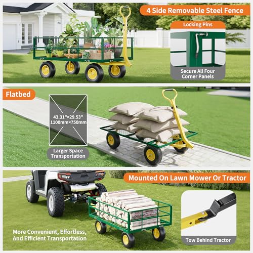 1200 LB Garden Cart on Wheels, Heavy Duty Steel Garden Wagon with Removable Mesh Sides & Adjustable Handles, Yard Cart Utility Wagon for Gardening, Lawn & Patio, Green & Yellow - color: Green Yellow, size: 1200 LBS