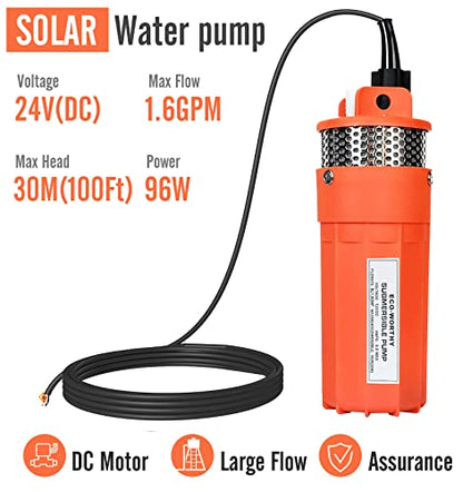 ECO-WORTHY 24V Submersible Deep Well Water Pump with 10ft Cable 1.6GPM 4'' 5A, Max Lift 230ft/70m, DC Pump/Alternative Energy Solar Battery Farm & Ranch Submersible Deep Well Pump - size: 24v 96w Well Pump