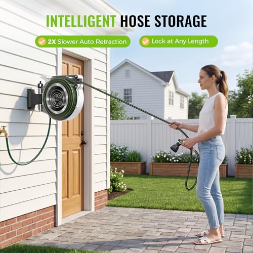 100ft Retractable Garden Hose Reel 1/2" with 10-Function Nozzle - color: Black & White
