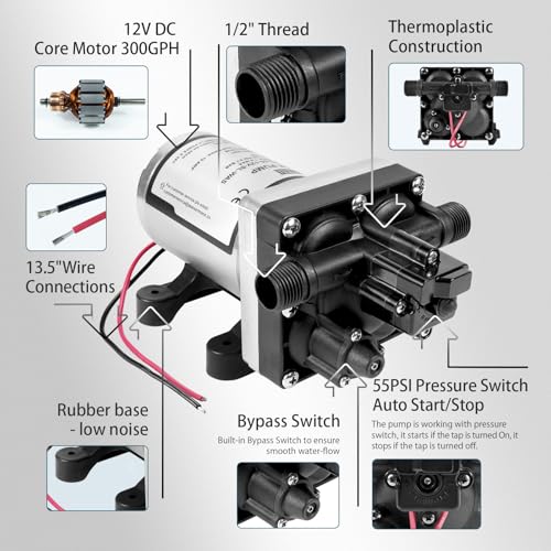 WASSERMANN RV Water Pump 12V DC 4008-101-A65/E65 Replacement, 3.0 GPM 55PSI, Quiet Pump with Pressure Switch for Camper RV Shower Garden Industrial Yacht Sprayer Food Truck Travel Trailer Water Pumps - color: White03