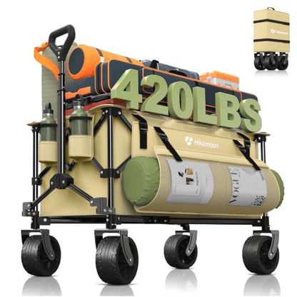HIKEMOON 150L Collapsible Wagon Compact with Big Wheels, 420LBS Khaki - color: Khaki