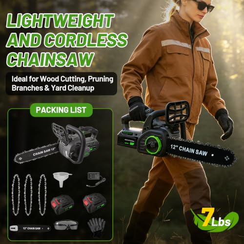 12" Cordless Electric Chainsaw with Brushless Motor, 2x4.0Ah Battery