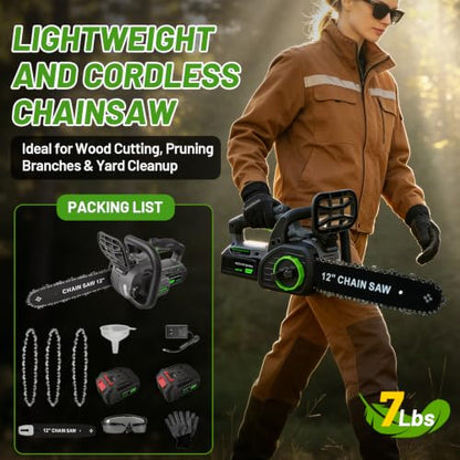 12" Cordless Electric Chainsaw with Brushless Motor, 2x4.0Ah Battery
